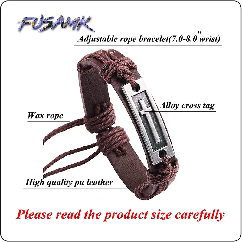 Fusamk Fashion Cross Tag Bangle Adjustable Leather Cuff Wristband Drawstring Rope Bracelet - Image 2